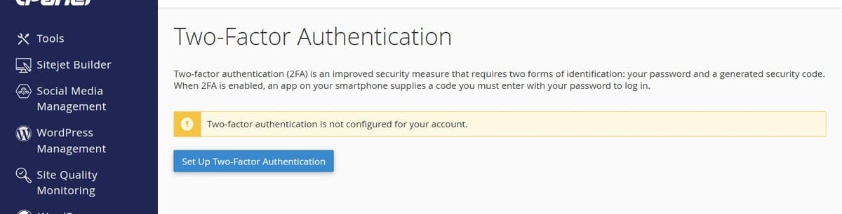Ekran Two-Factor Authentication pre podešavanja, sa dugmetom Set Up