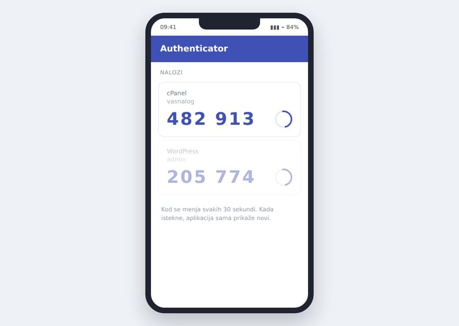 Aplikacija za autentifikaciju na telefonu prikazuje šestocifreni kod za cPanel nalog