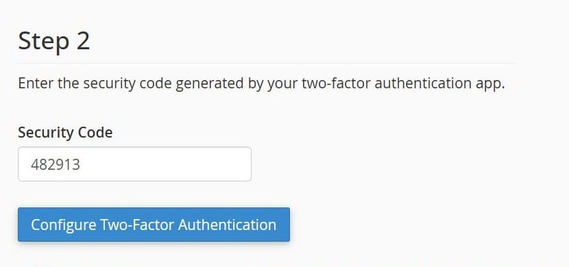 Polje Security Code sa unetim šestocifrenim kodom i dugme Configure Two-Factor Authentication