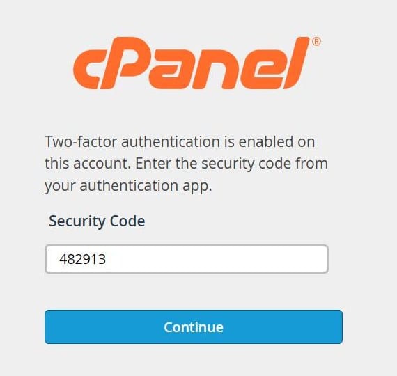 Ekran za prijavu u cPanel koji traži sigurnosni kod